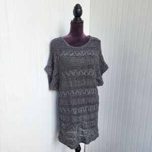 Express Brown Mohair Fuzzy Short Sleeved Metallic Thread Tunic Sweater Dress M